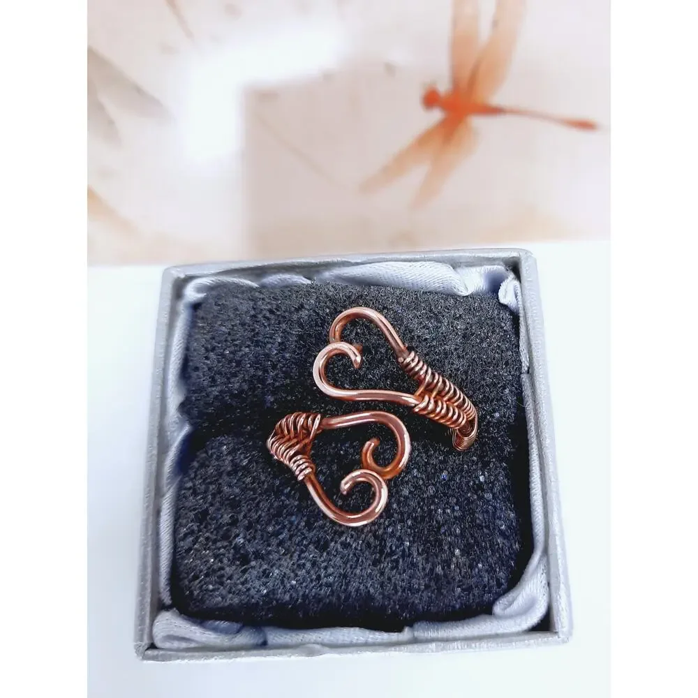 Artisan Made Double Heart Ring Copper Wire Wrapped Weaving Unisex Adjustable